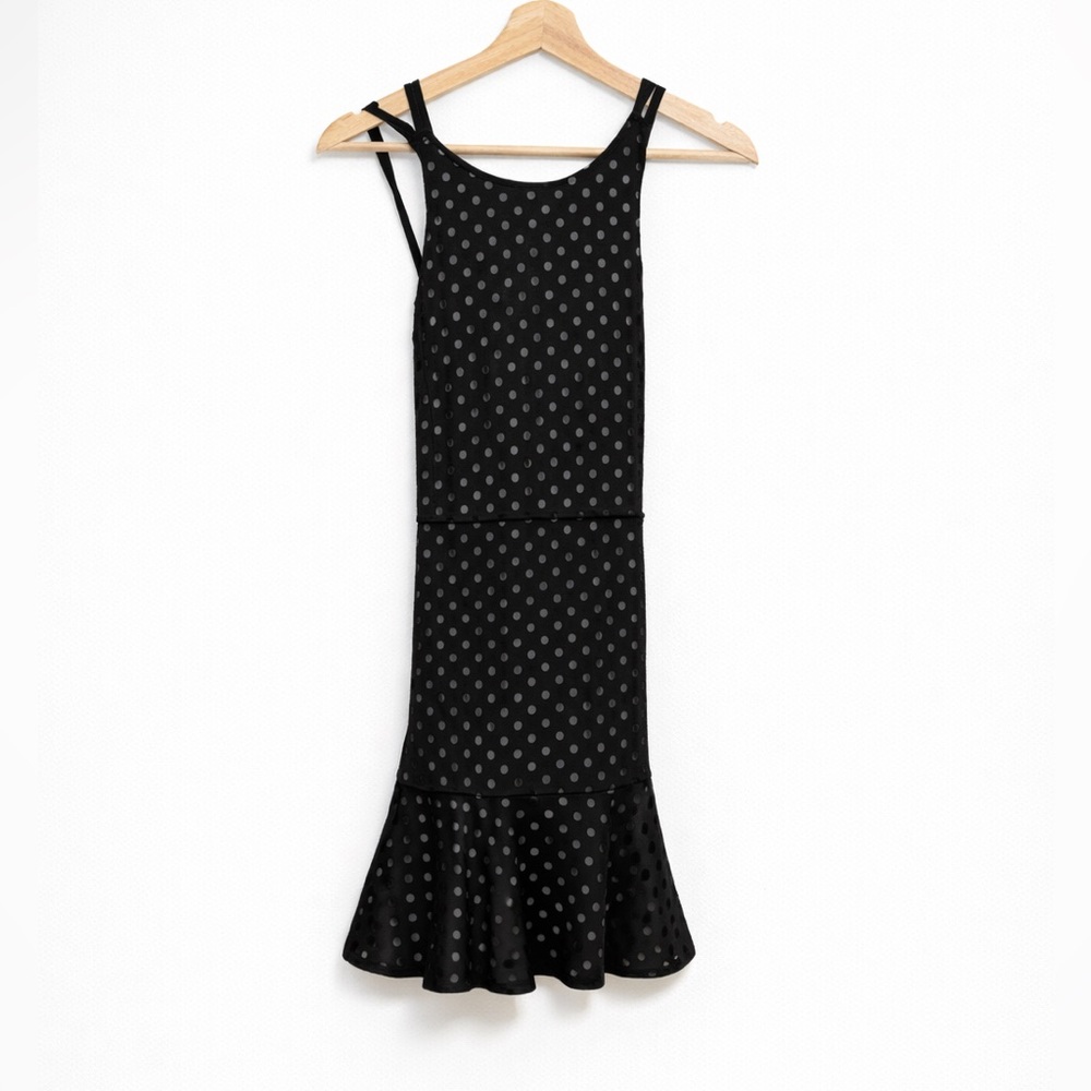 DO+BE Black Polka Dot Mesh Dress | Fitted, Open Back Flounce Hem | Size Large